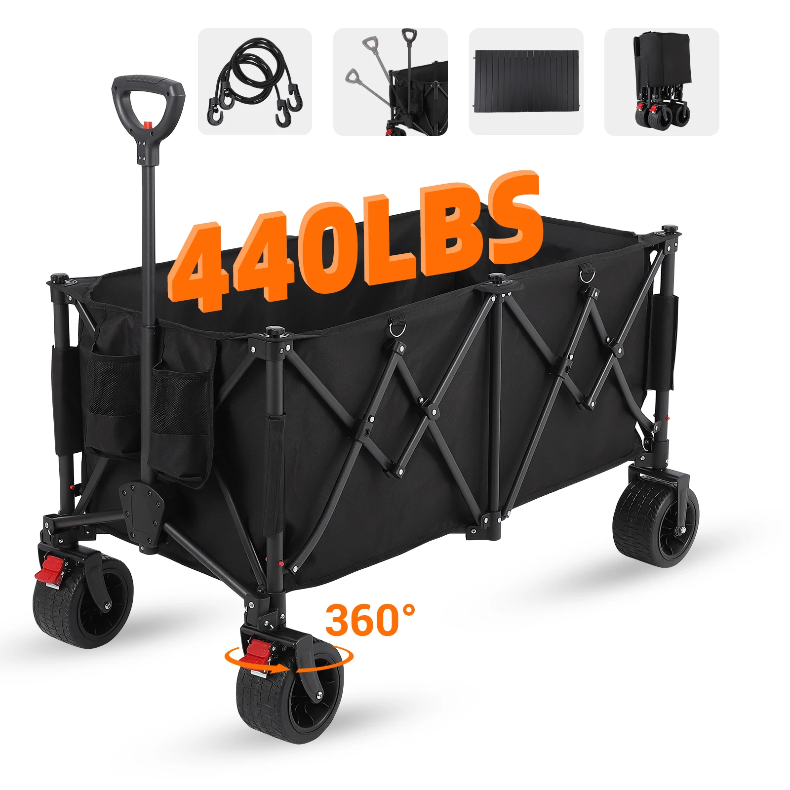 عربة قابلة للطي سعة 260 لترًا مع سعة وزن 440 رطل، عربة حديقة قابلة للطي للتخييم والرياضة في الهواء الطلق