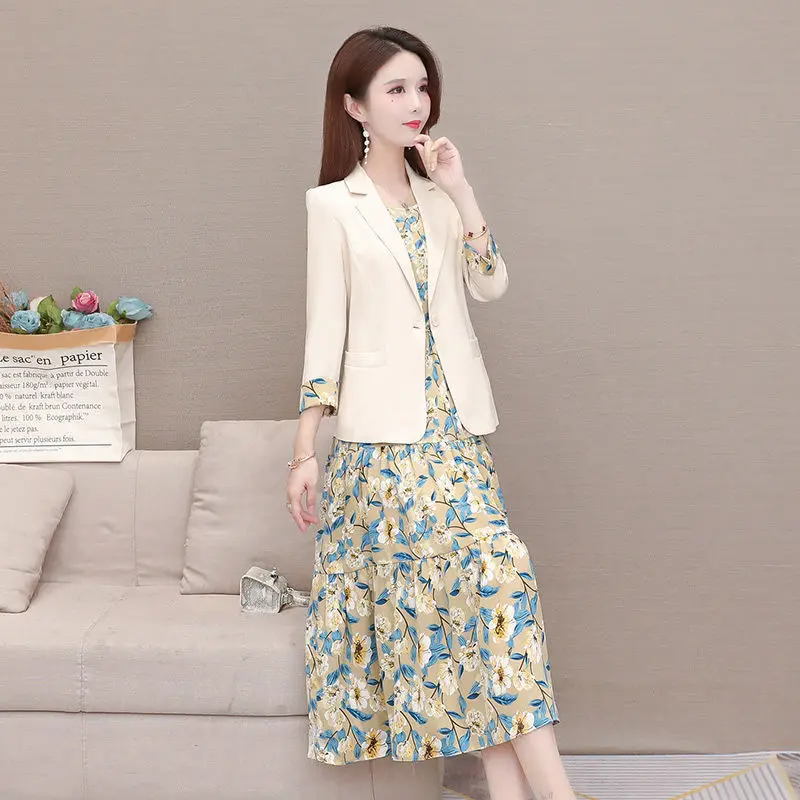 Elegant Women Floral Dress Suit 2023 Spring Autumn Three Quarter Blazer Coat+Sleeveless A-Line Dress Two Peice Sets Plus Size