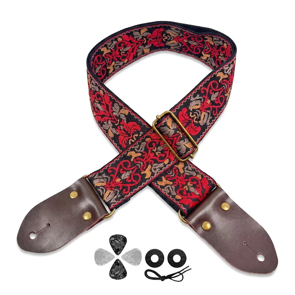 Embroidered Print Guitar Strap Vintage Ethnic Style Adjustable Strap for Folk Electric Guitar Bass Ukulele Guitar Accessories