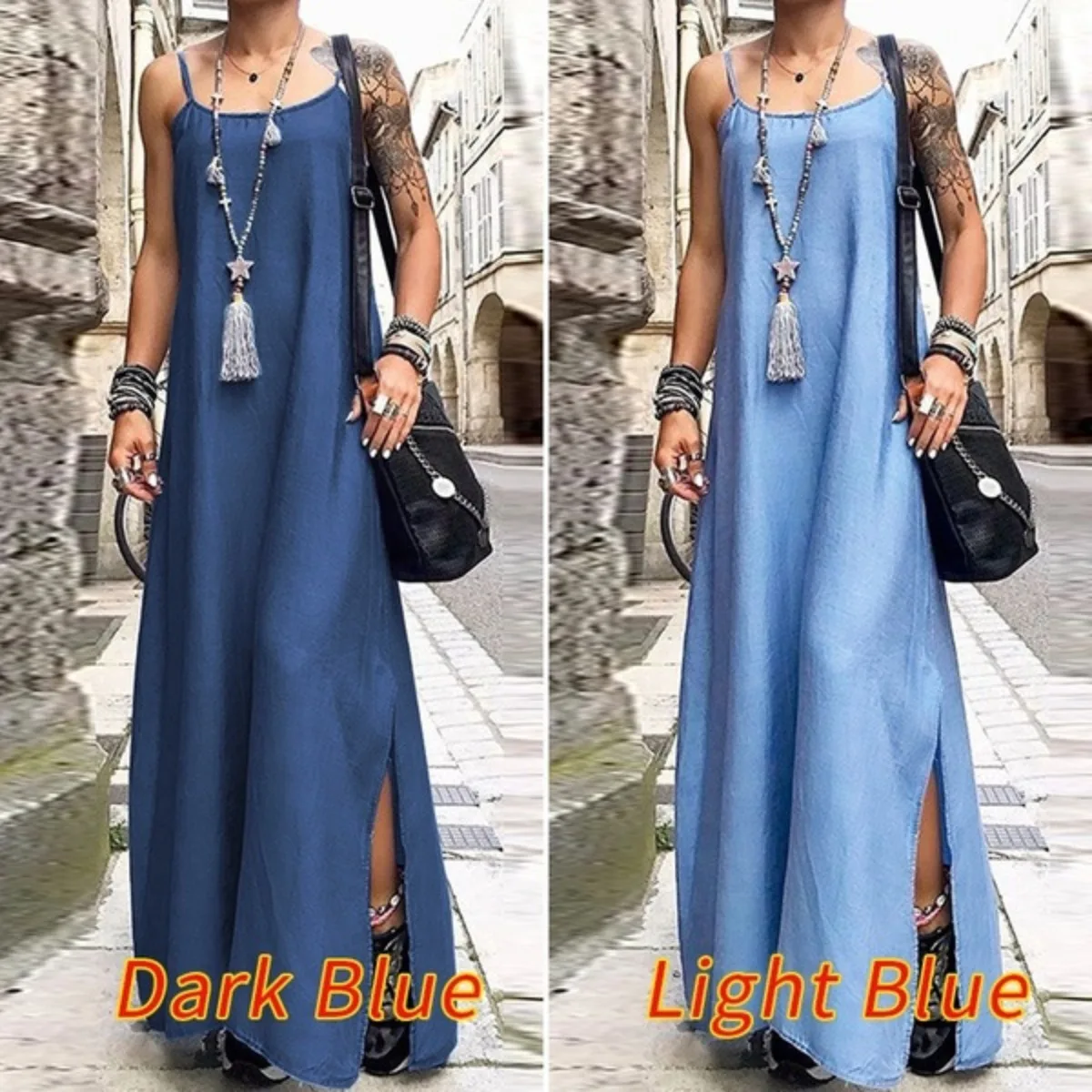 2026 Sexy Jeanskleid mit Trägern und lockerem Schnitt für Damen – Langes Kleid mit Schlitz, einfarbig, Streetwear, lässiges Mode-Outfit