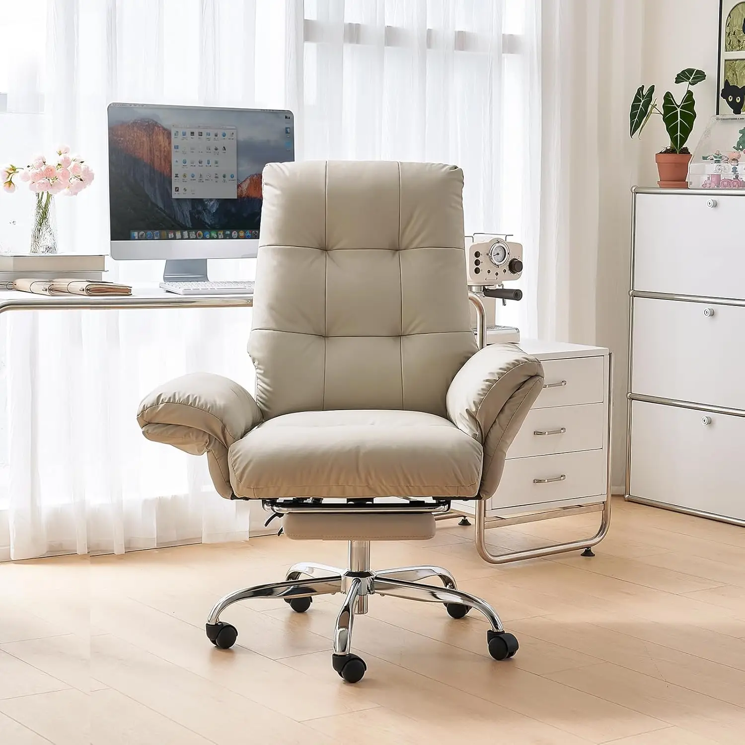 Office Chair with Foot Rest Criss Cross Chair with Wheels and Flip-up Arms Reclining Desk Chair Comfy Wide Seat PU, Customized