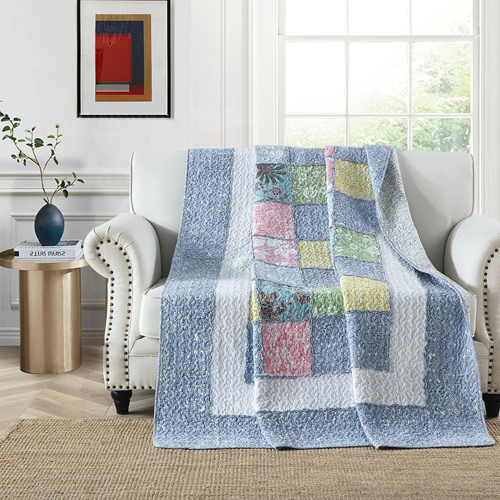 Floral Cotton Quilt Throw Blanket Twin Size 150x200cm Patchwork Bedspread Lightweight Summer Coverlet Sofa Cover Home Decor
