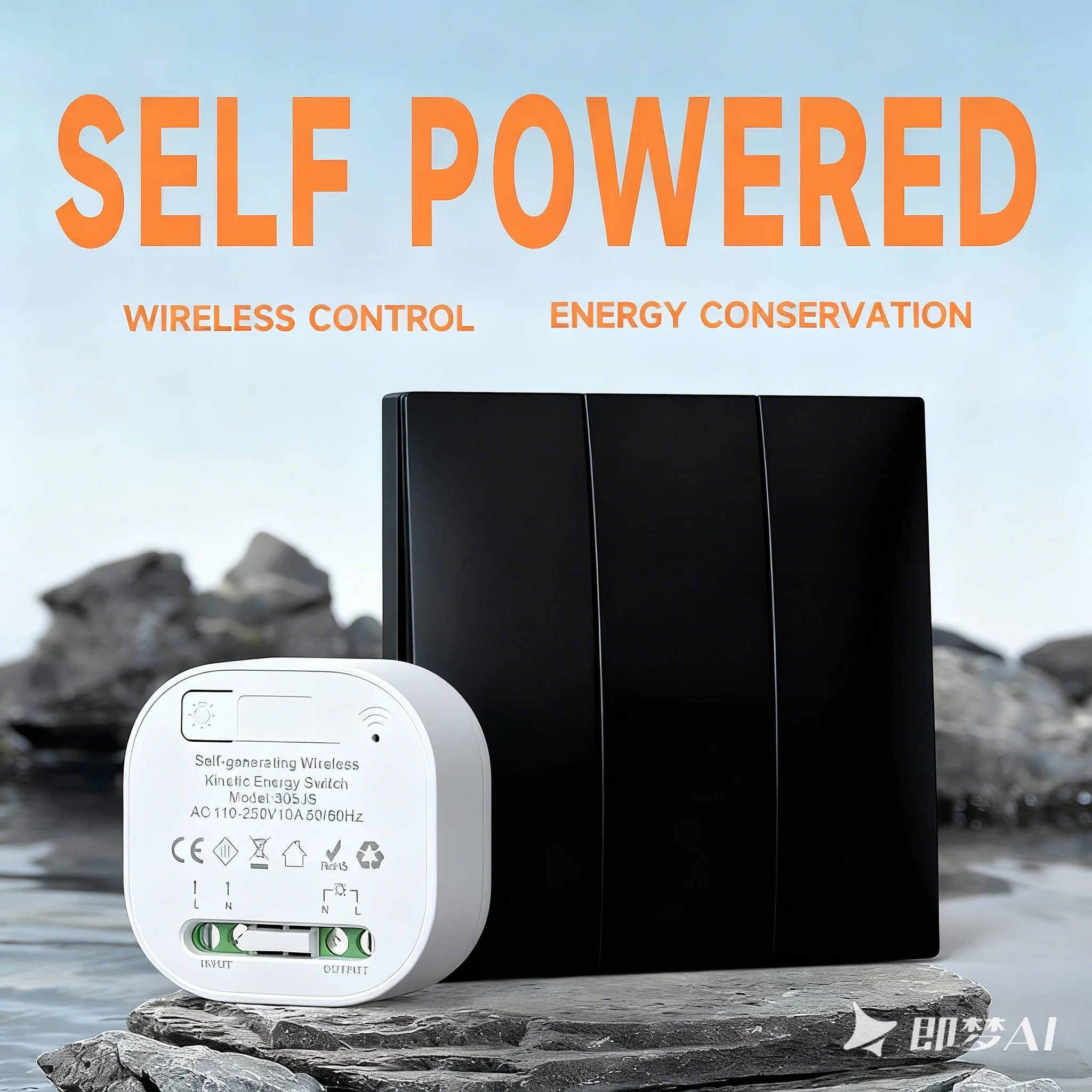 No Battery IP44 RF433 Smart Wireless Switch  1/2/3 Gang 86 Panel Waterproof AC 110v-250v Light Black Switch