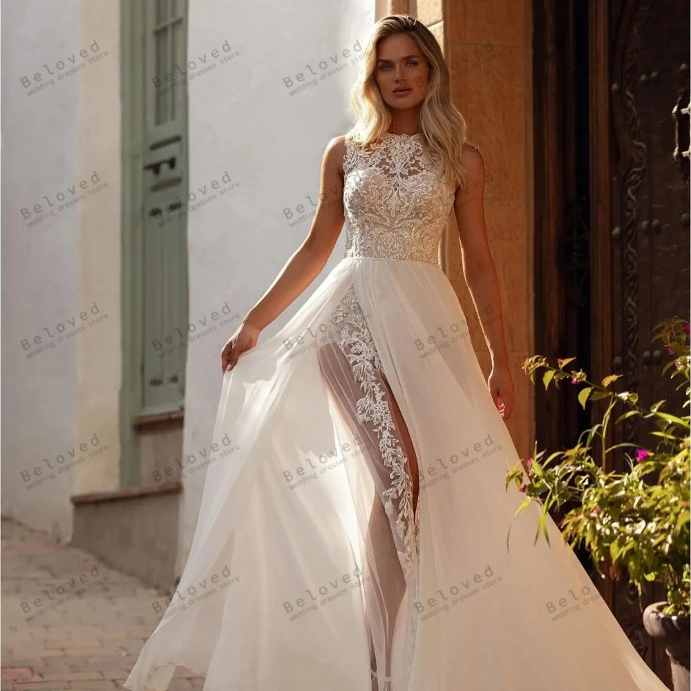 Splendidi abiti da sposa a-line abiti da sposa in Chiffon Appliques di pizzo senza maniche abito a fessura alta per abiti da festa formale De Novia