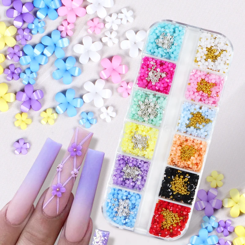 12Grids Kawaii Resin Flower Rhinestone Nail Art Charms Mixed Pearls Parts Nail Decoration Accessories Summer Manicure Supplies