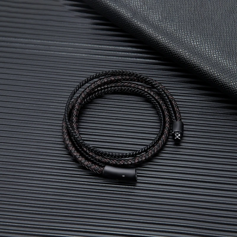 MKENDN Simple Style Men Double Layer Leather Bracelet Matte Black Stainless Steel Button Accessories Hand-woven Jewelry Gifts