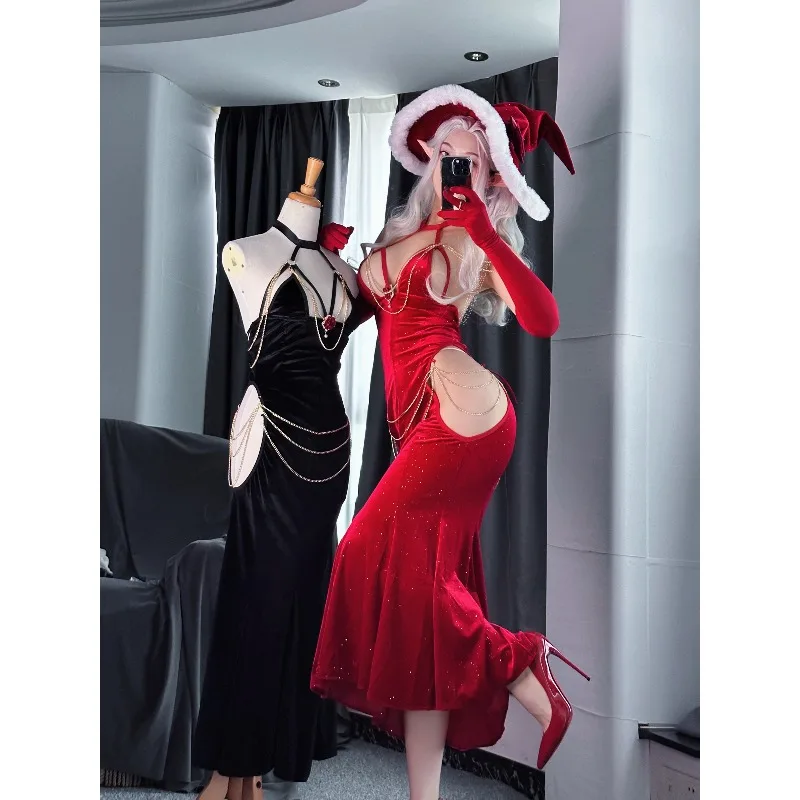 

Women Girls Christmas Cosplay Sexy Red Dress Gloves Brooch Wrapped Hip Open Crotch Fish Tail Skirt Mermaid Dresses Fancy Party