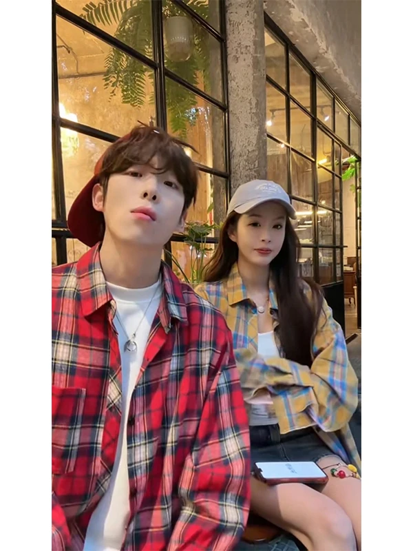 American Retro Red Plaid Shirt Jacket Men's Spring Color Collision Trendy Loose Couple Checkered Casual Style Long Sleeve