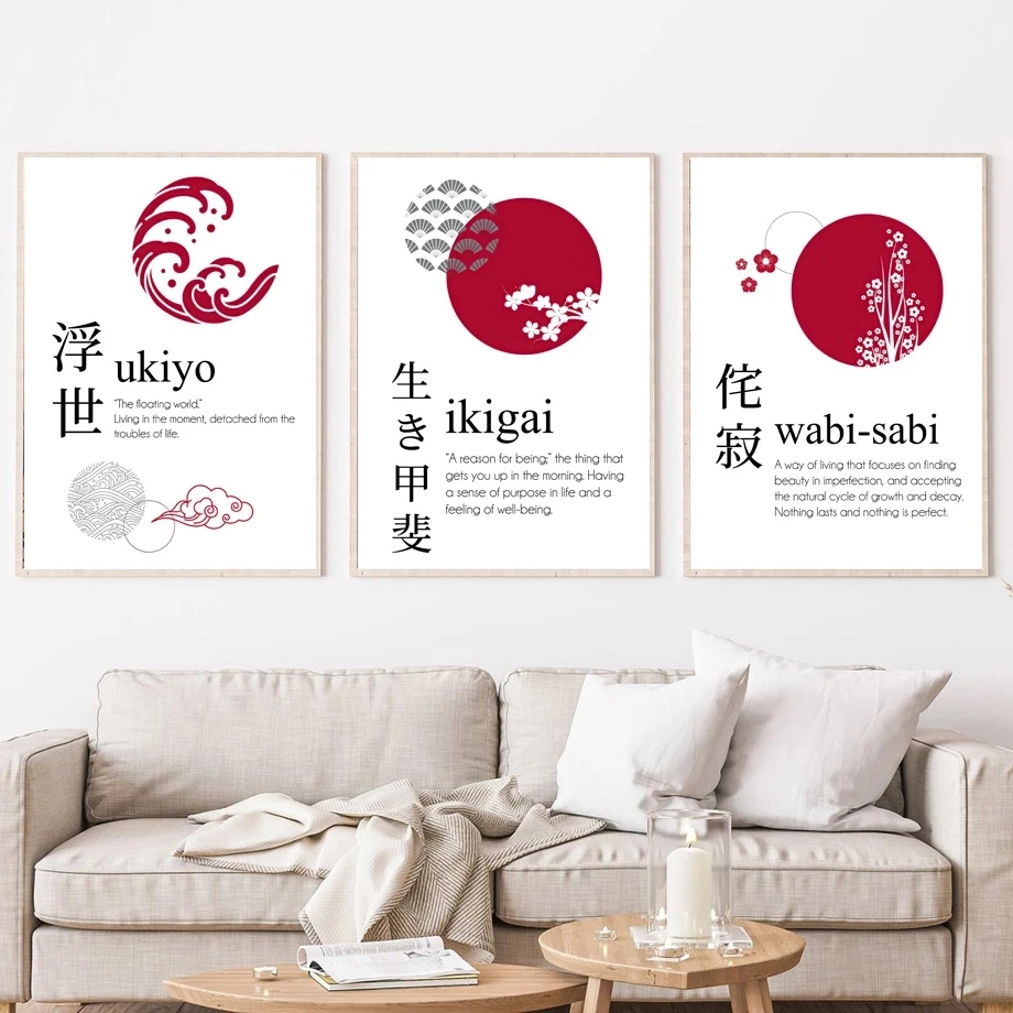 Japanese Calligraphy Poster and Prints Ukiyo Ikigai Wabi-Sabi Wall Art Canvas Painting Nordic Wall Picture for Living Room Decor