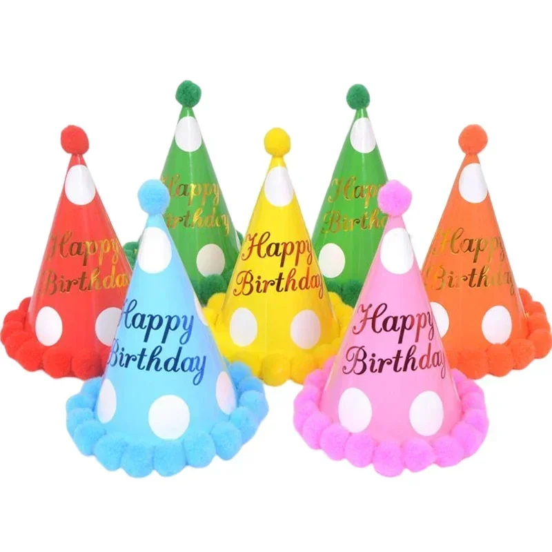 1pc Happy Birthday Party Hats Cute Dot Plush Ball Paper Caps Shower Baby Decoration Kids Adult Birthday Party Decor Supplies