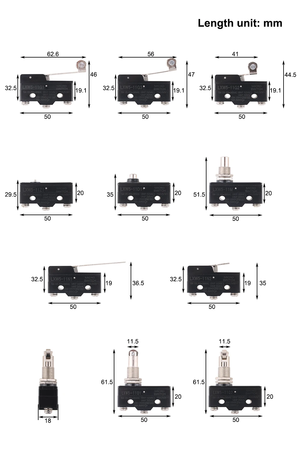 1Pcs LXW5 11N1 11N2 11G1 11G2 11G3 11Q1 11Q2  11Z  travel witches button Limit Switch 3 Screw Terminal Micro Switch Momentary image 5