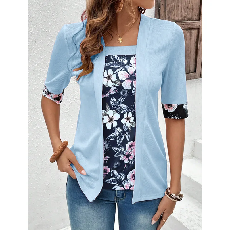 T shirt women 2026 fashion five-sleeved floral printed fake two pieces new summer tshirt women's clothing