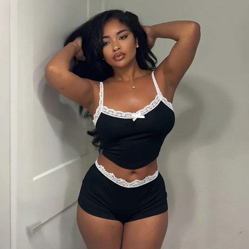 

Women Sexy Lace Patchwork Casual Homewear 2 Piece Set Camisole Crop Tops + Shorts Streetwear Suits Fashion Clubwear Outfits