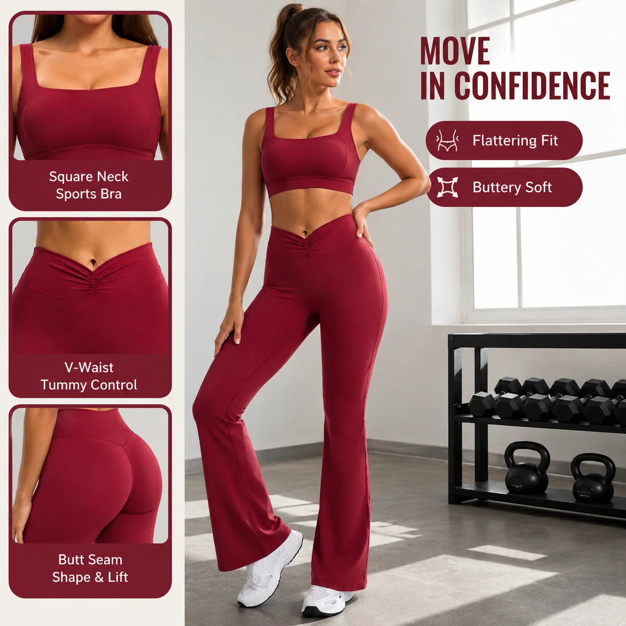 Women's Square Neck Sports Bra & V-Waist Flare Leggings Set - Removable Padded Tummy Control Yoga Gym 2-Piece Suit, Multiple Col