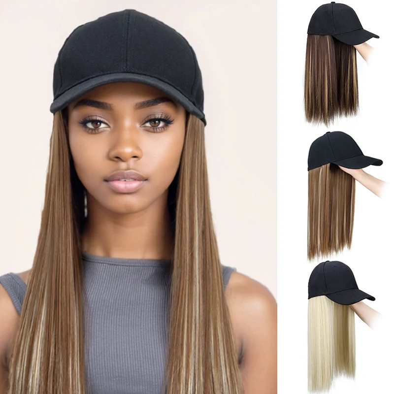 Synthetic Fashion Black Baseball Cap With Wig One Piece Women Long Straight Hair Adjustable Hat Wig