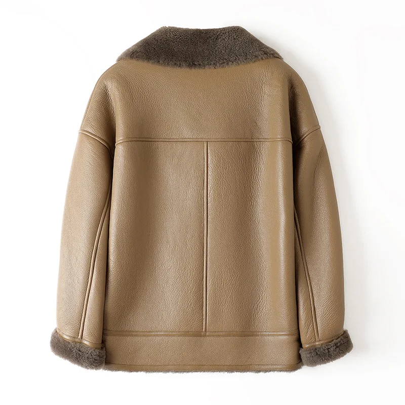 Imported Genuine Sheepskin Shearling Jacket for Women 2025 Winter Thicken Silhouette‌ Real Leather Lambswool Casual Warm Jacket