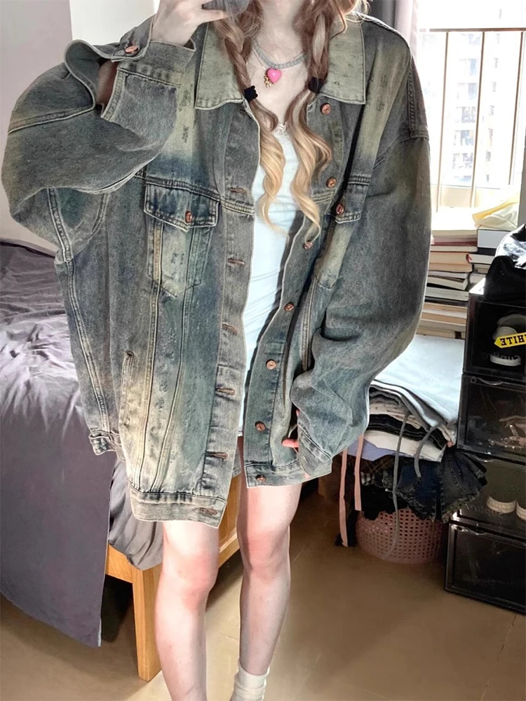 

Denim Coat Holes Womens Spring Cropped Pleated Outcoats Lovely Minimalism Layered Urban Fitted Drawstring Vacation Jackets Femme