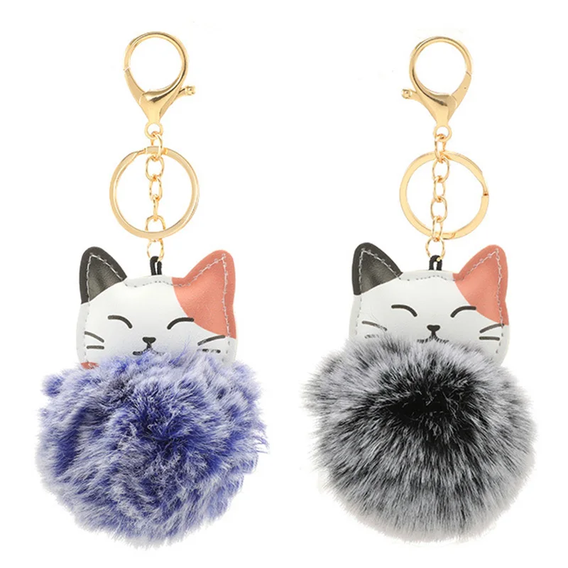 New Fashion PU Leather Animal Cat Keychain Soft Faux Rabbit Fur Pompom Fluffy Hairball Key Chain Women Bag Hanging Decorations