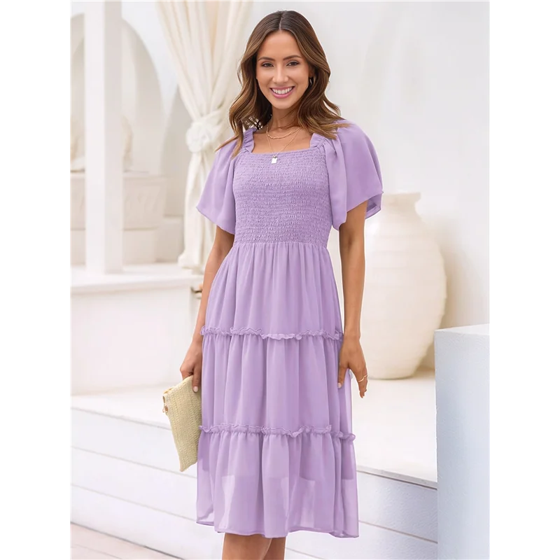 CYL-Women's Summer Casual Flutter Sleeve Square Neck Smocked Midi Dress