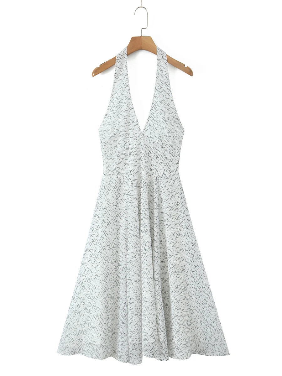 Vestido Longo E e Romântico com Estampa de Poá, Decote V Sexy, Ajuste na Cintura e Costas Abertas para Mulheres