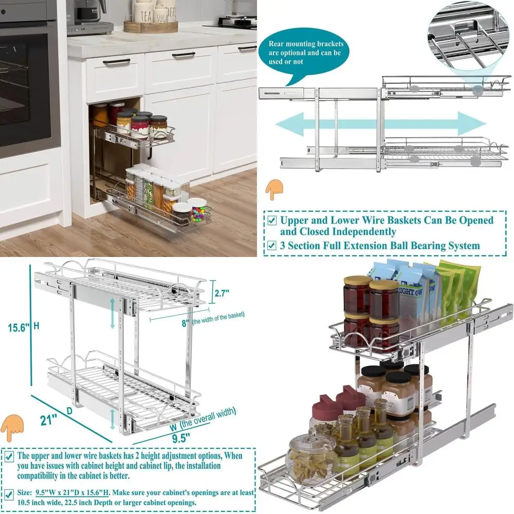 

2-Tier Pull-Out Cabinet Organizer - 9.5 Wide x 21 Deep, for Kitchen & Bathroom Cabinets, Chrome Finish