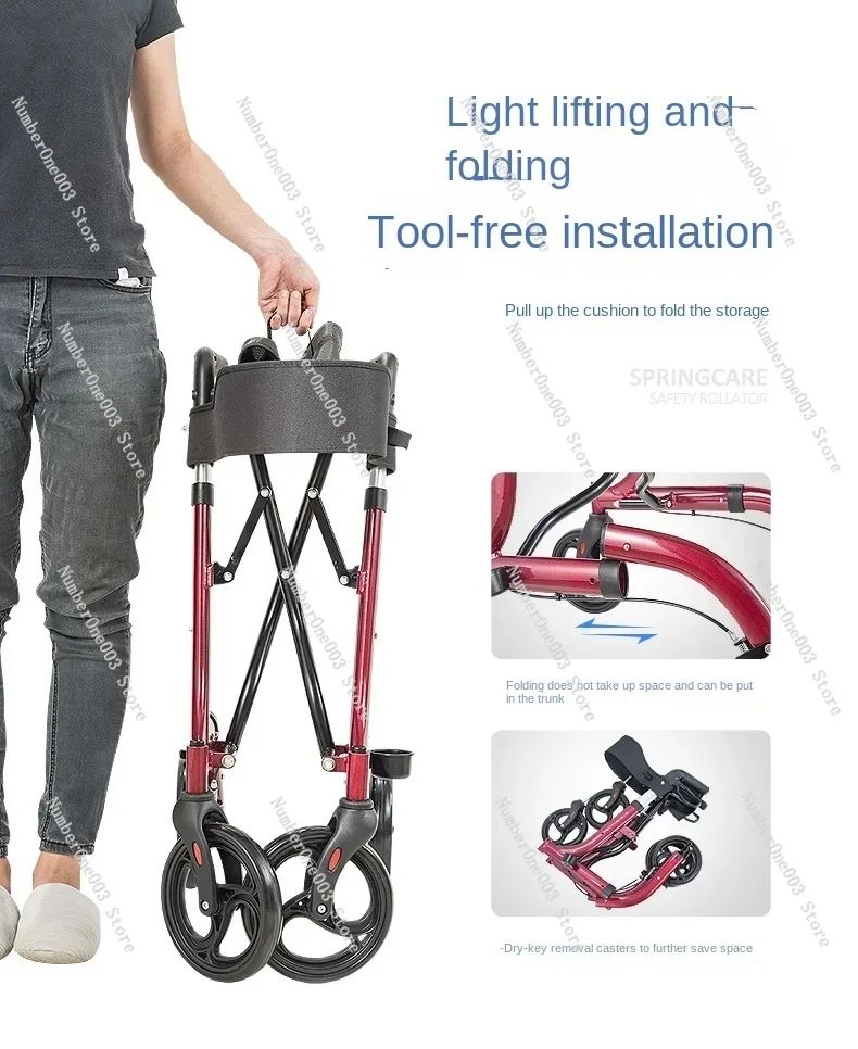 Foldable Rollator Walker for Adults, Lightweight, Aluminum, Loop Brake, Height Adjustable Seat, By Legs and Arms