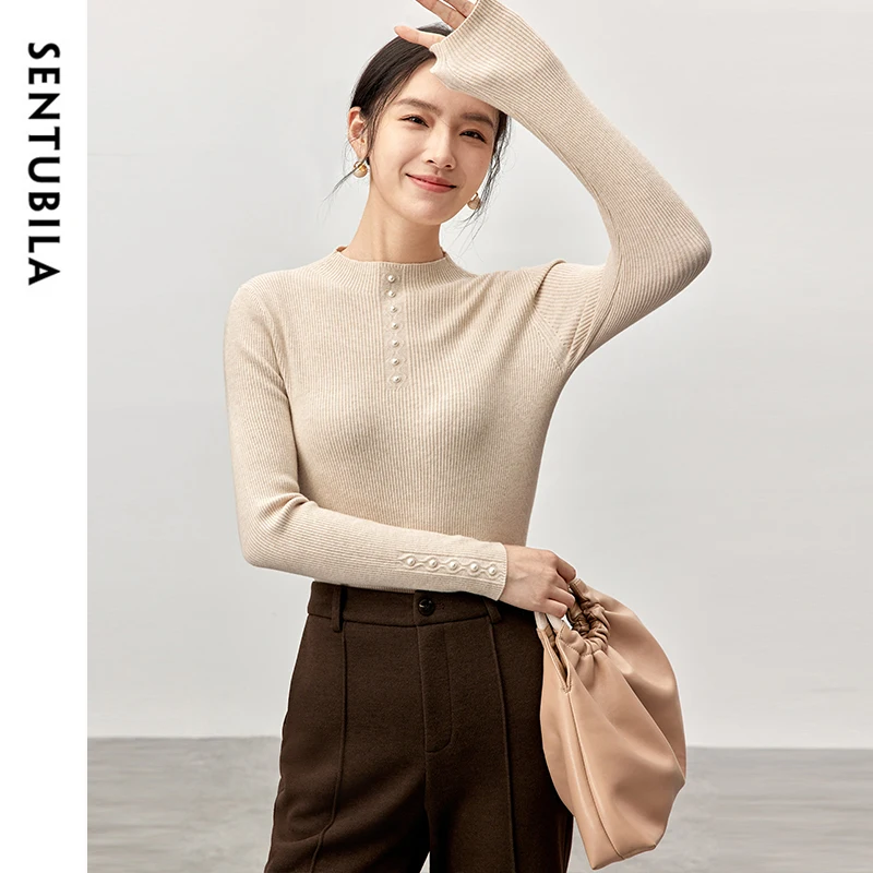 

SNTUBILA Slim Fit Knitted Sweater Women Pullovers 2025 Spring Mock Neck Basic Jumpers Long Sleeve Knit Top Woman W43E57250