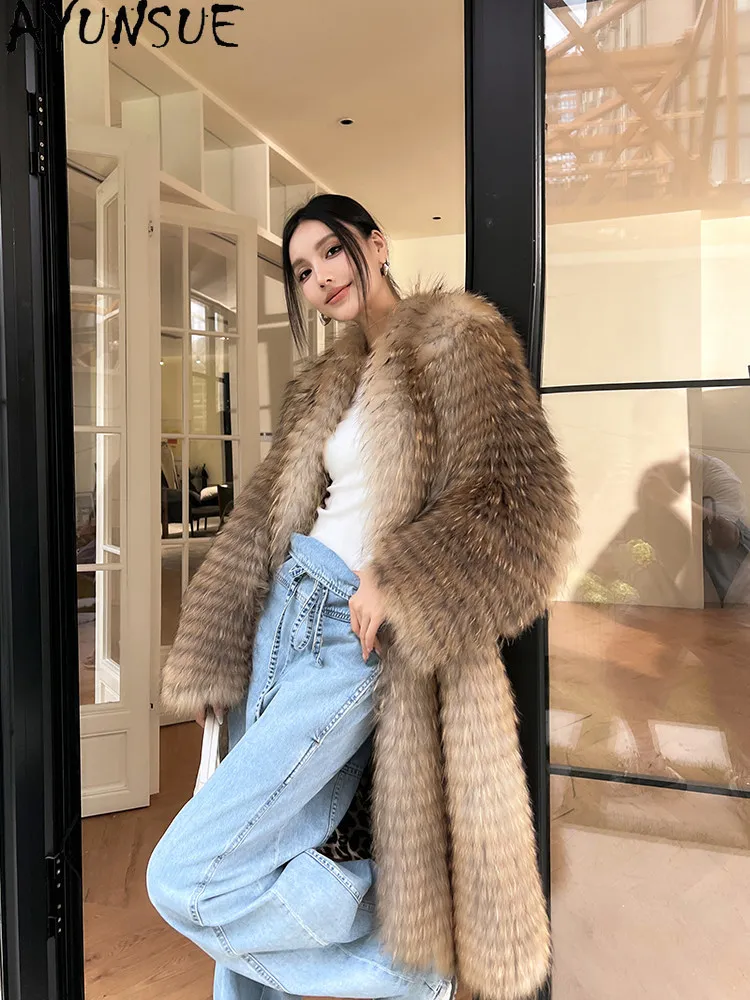 AYUNSUE Raccoon Fur Coats for Woman Mid-length Fur Jacket Maillard Style Fur Coat Woman Clothes New in Outerwears Шуба Женская