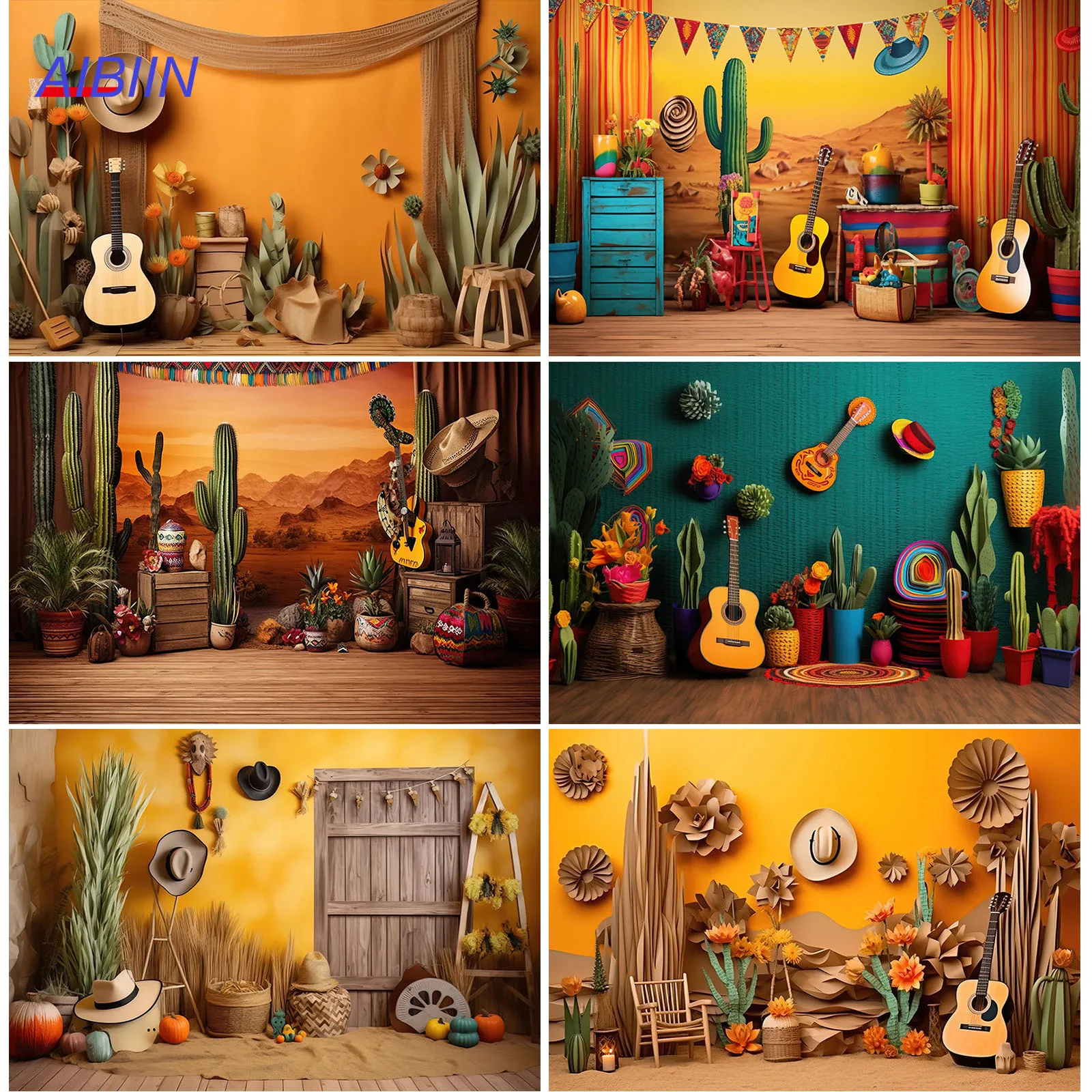 

AIBIIN Mexican Western Desert Saguaro Cactus Photography Backdrop Guitar Birthday Party Decor Background Kids Portrait Photozone