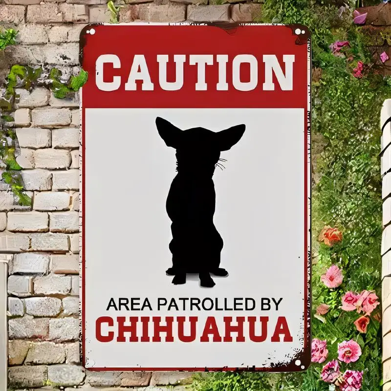Vintage Metal Chihuahua Caution Sign Wall Art - Retro Tin Painting, Black Chihuahua Silhouette, Red - White Design, Iron, Perfec