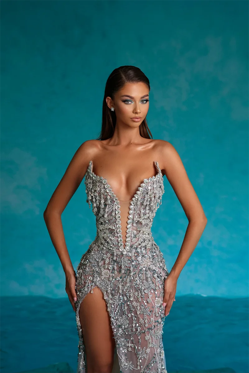 Vestido de lujo con cuentas de diamantes, traje Sexy con abertura alta, cuello en V sin tirantes, longitud hasta el tobillo, vestido de diosa, traje de fiesta de noche de celebridades