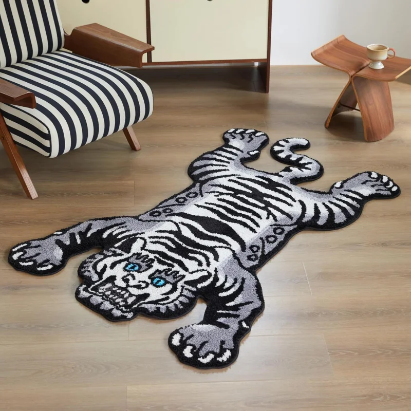 VIKAMA Vintage Tiger Shape Rug Animal Skin Print Non Slip Floor Mat Retro Style Bedroom Living Room Decor Carpet view 3