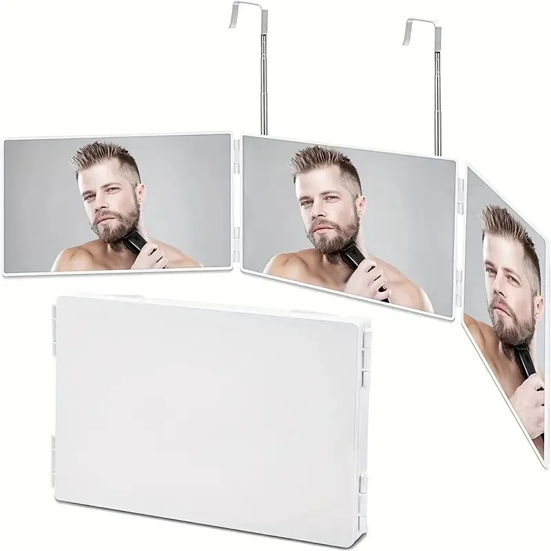 Foldable 360 degree three fold portable mirror with height adjustable telescopic hook, perfect for self hair cutting and makeup