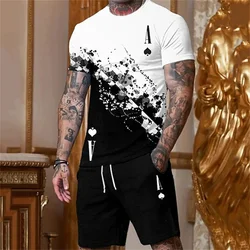 Men's Casual Sportswear Round Neck Short Sleeve T-Shirt Summer Refreshing Drawstring Shorts Trendy Ace of Spades Printed Suit