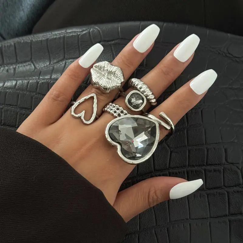 7 قطعة/المجموعة الفاخرة مزاجه هندسية المعادن مربع القلب الاكريليك الماس افتتاح خواتم للنساء الأزياء والمجوهرات والاكسسوارات #5