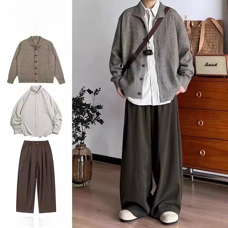 

Комплект из футболки, винтажный японский повседневный вязаный кардиган, свитер, осень-зима, теплый ансамбль с изображением атмосферы