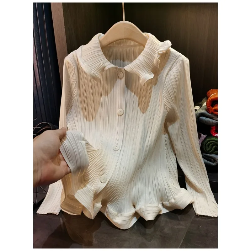 

Miyake Pleated Plisse Shirt Women 2026 Spring Lace Collar Single-breasted Long-sleeved Shirt New Pleats Cardigan Blouse Women