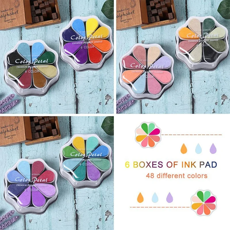 48 Colors Craft Ink Pads, 6 Packs Washable Finger Ink Pads For Paper Wood Fabric Pigment Stamping, Flower Petal