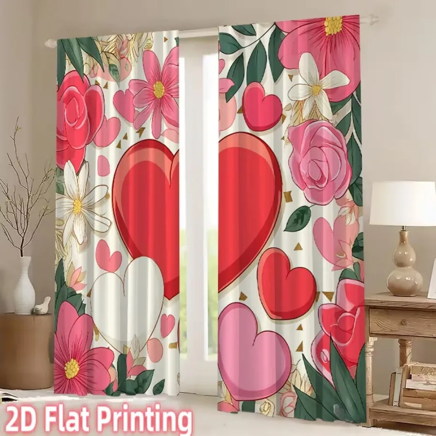 2PCS Digital Print Curtains, Flower Cluster Heart Shape, Romantic Floral Heart Decor Love Blossom Arrangement Bedroom Drapes