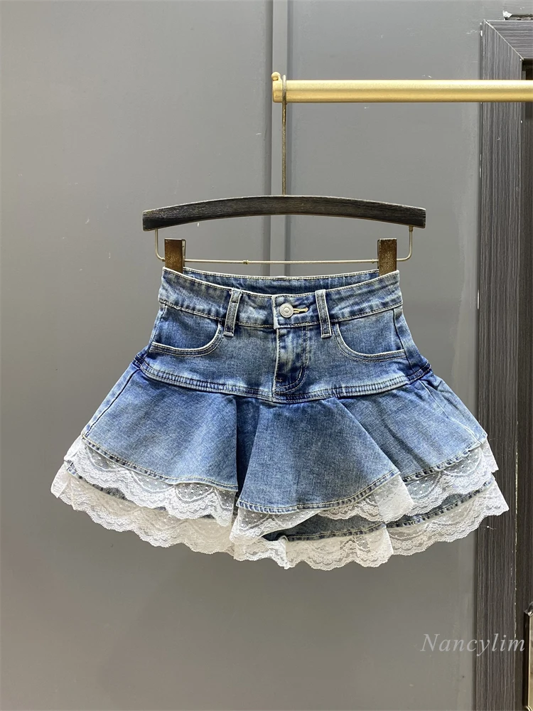 2025 Spring Women's Sweet Lace Pocket Splicing Denim Skirt High Waist Fluffy Cake Skirt