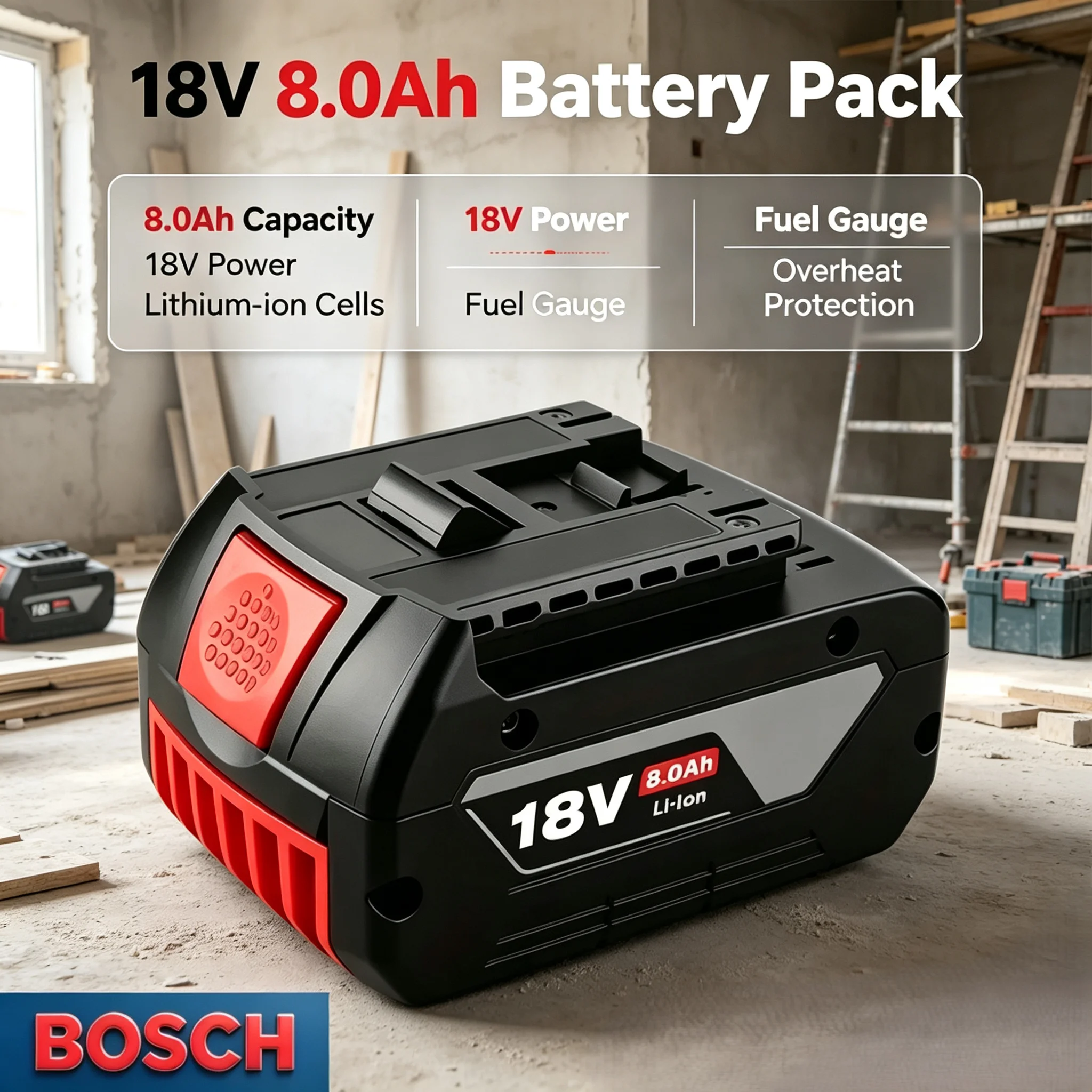 18V 8,0Ah Li-Ionen-Akku für Bosch Professional Akkuwerkzeuge, Ersatz für BAT609 BAT618 GBA18V80 18V Elektrowerkzeug-Akku