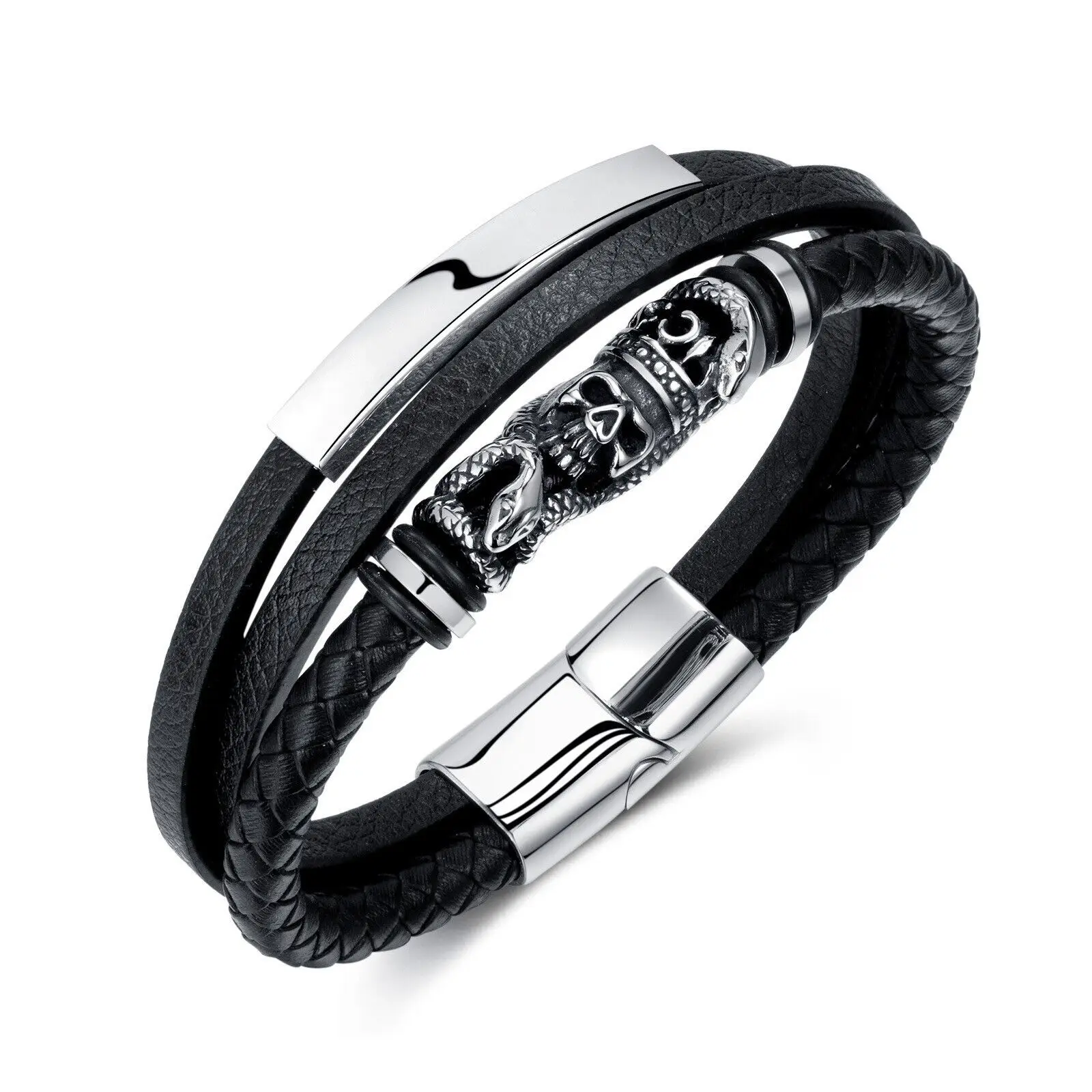 

Stainless Steel Snake Skull Multi-Layer Hand-Woven Leather Cuff Bracelet