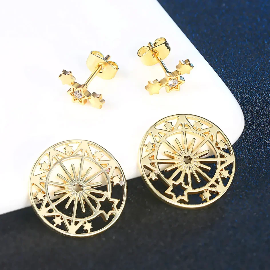 Pendientes de acero inoxidable con forma de estrella brillante para mujer, tachuelas redondas huecas de circón, joyería de lujo, regalo elegante