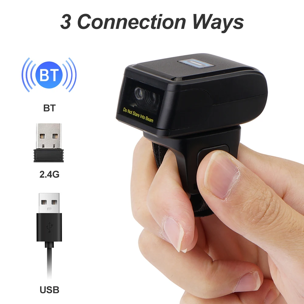 2D Barcode Scanner Portable Finger Handheld Wearable Ring 1D 2D Bar Code Reader BT+2.4G Wireless and Wired Connection