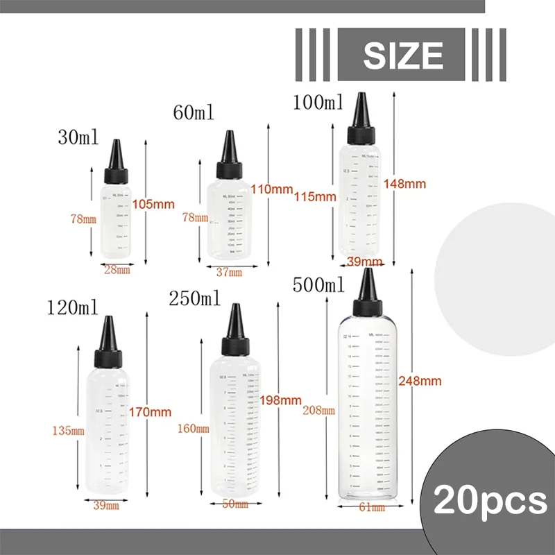 Bottiglie di plastica da 20 pezzi da 30-500ml con scala bottiglie di erogazione graduate trasparenti in PET per colla di oli liquidi a inchiostro