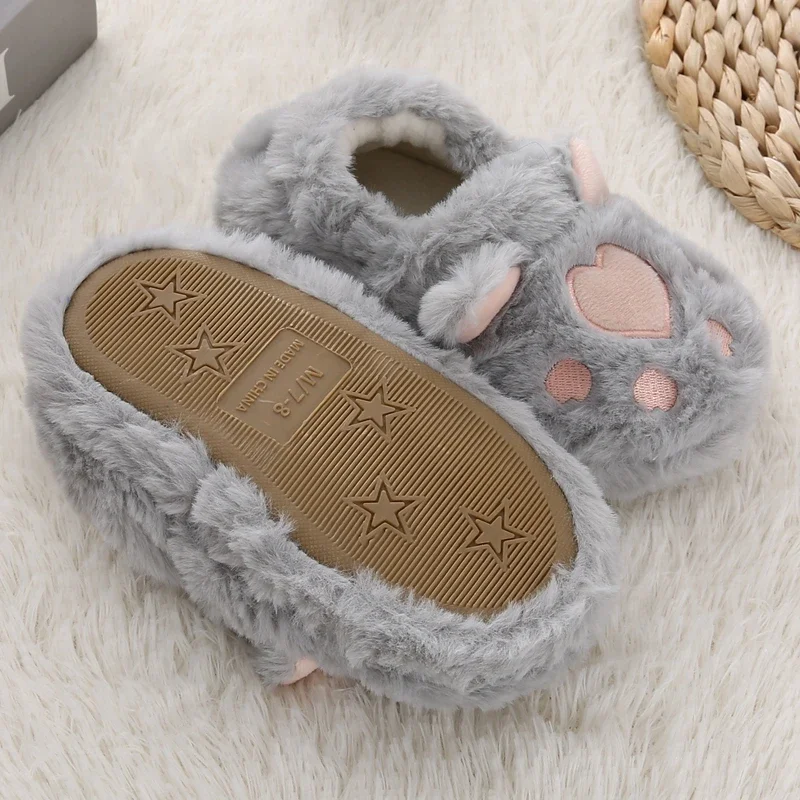 Toddler Winter Slippers for Girl Baby Items Indoor Plush Warm Cartoon Cat Paw Kid Boy House Footwear Soft Rubber Sole Home Shoes