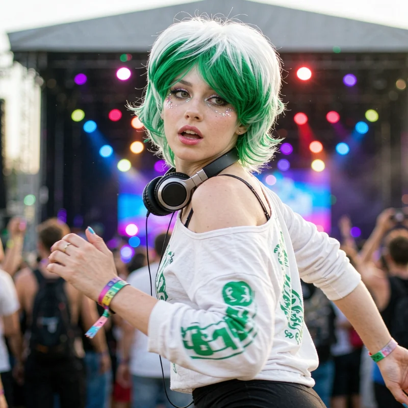Anxin Brand Synthetic Fiber Wig: Green and Silver-White Interwoven Fluffy Short Curls, Perfect for a Whimsical Holiday Vibe, Suitable for Christmas-Themed Parties, Halloween Costumes, Cosplay, and Music Festivals