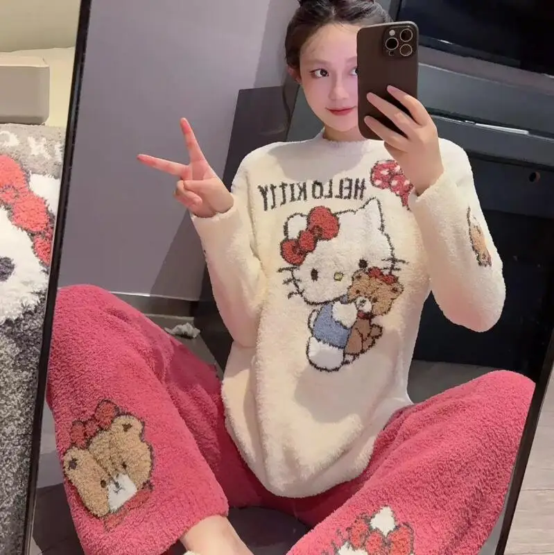Kawaii كيتي القط 2 قطعة منامة فتاة طويلة الأكمام المتسكعون الحلو طالب فتاة شابة ملابس المنزل الدافئة ملابس خاصة مجموعة