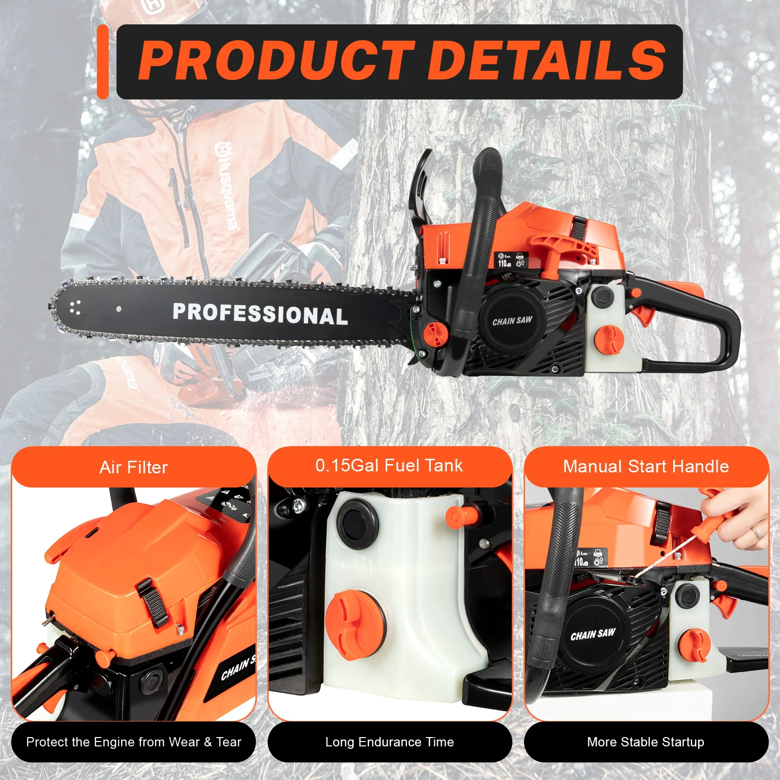

20 Inch 62 CC Chainsaw 2600 W Power Chain Saws Gas Powered 2 Stroke Handed Petrol Gasoline Chain Saw for Cutting Wood