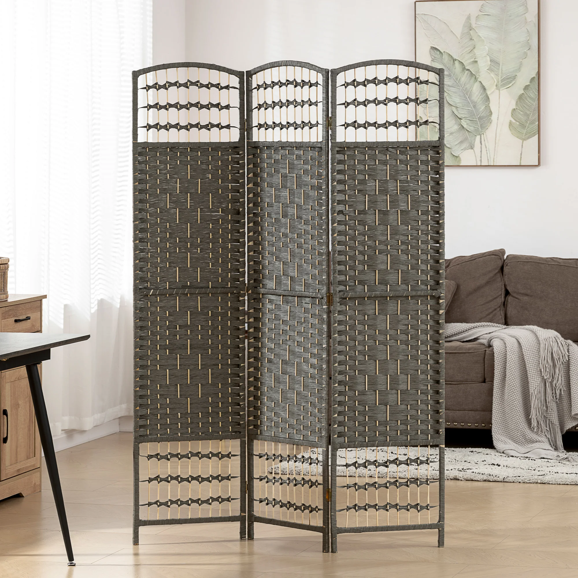 3 Panel Room Divider, Folding Privacy Screen, 5.6' Room Separator, Wave Fiber Freestanding Partition Wall Divider, Dark Gray